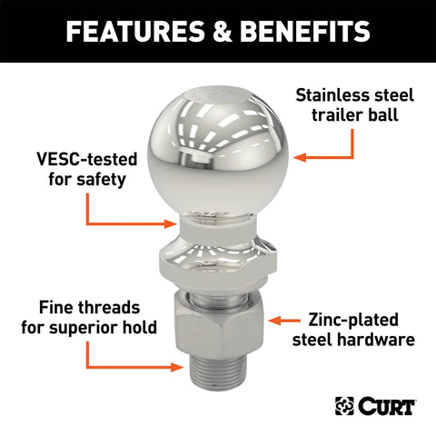 CURT 2in. Trailer Ball (1-1/4in. x 2-5/8in. Shank; 10;000 lbs.; Stainless)