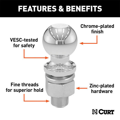 CURT 2-5/16in. Trailer Ball (1in. x 2-1/8in. Shank; 7;500 lbs.; Chrome; Packaged)