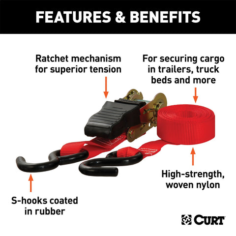 CURT 10ft. Red Cargo Straps with S-Hooks (500 lbs; 2-Pack)