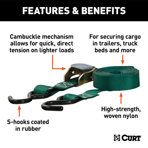 CURT 15ft. Dark Green Cargo Straps with S-Hooks (300 lbs; 2-Pack)