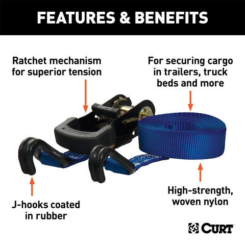 CURT CURT 83019 1-Inch x 16-Foot Blue Nylon Ratchet Strap; 2;200 lbs. Break Strength