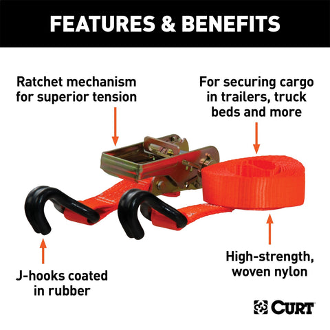 CURT 16ft. Orange Cargo Straps with J-Hooks (1;100 lbs; 2-Pack)